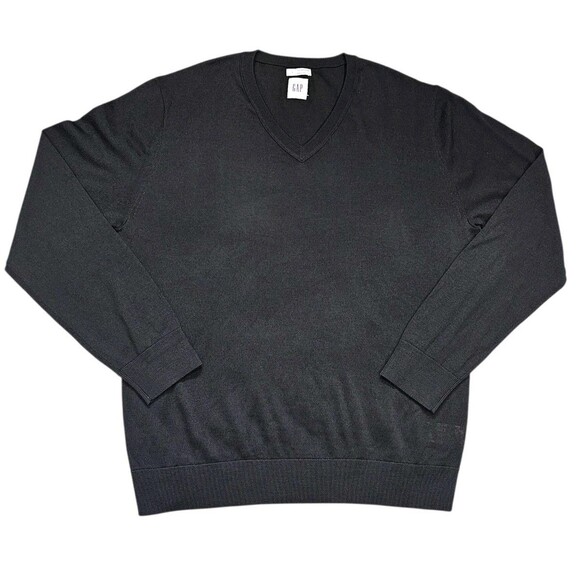 Gap Mens L 100% Extra Fine Merino Wool Sweater True Black VNeck Pullover Jumper - Picture 1 of 15